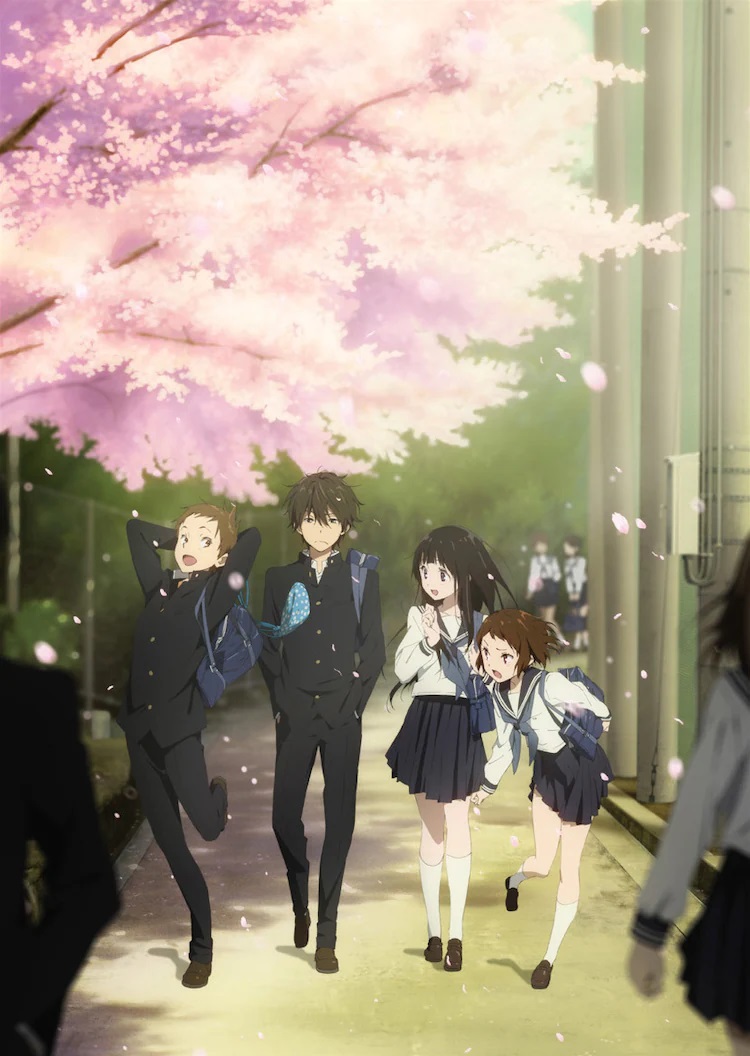 Hình ảnh chính cho anime truyền hình Hyouka 2012 có các nhân vật chính đi bộ đến trường trong bộ đồng phục học sinh của họ bên dưới một cây hoa anh đào đang nở.