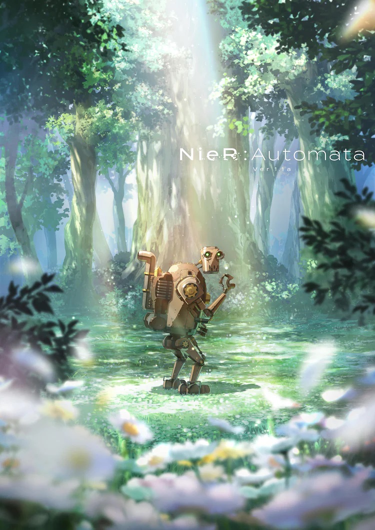 Hình ảnh quan trọng mới cho anime truyền hình NieR: Automata Ver1.1a sắp tới có Machine Lifeform yên bình, Pascal, đứng trong một khu rừng lốm đốm nắng với một cánh đồng hoa ở phía trước.