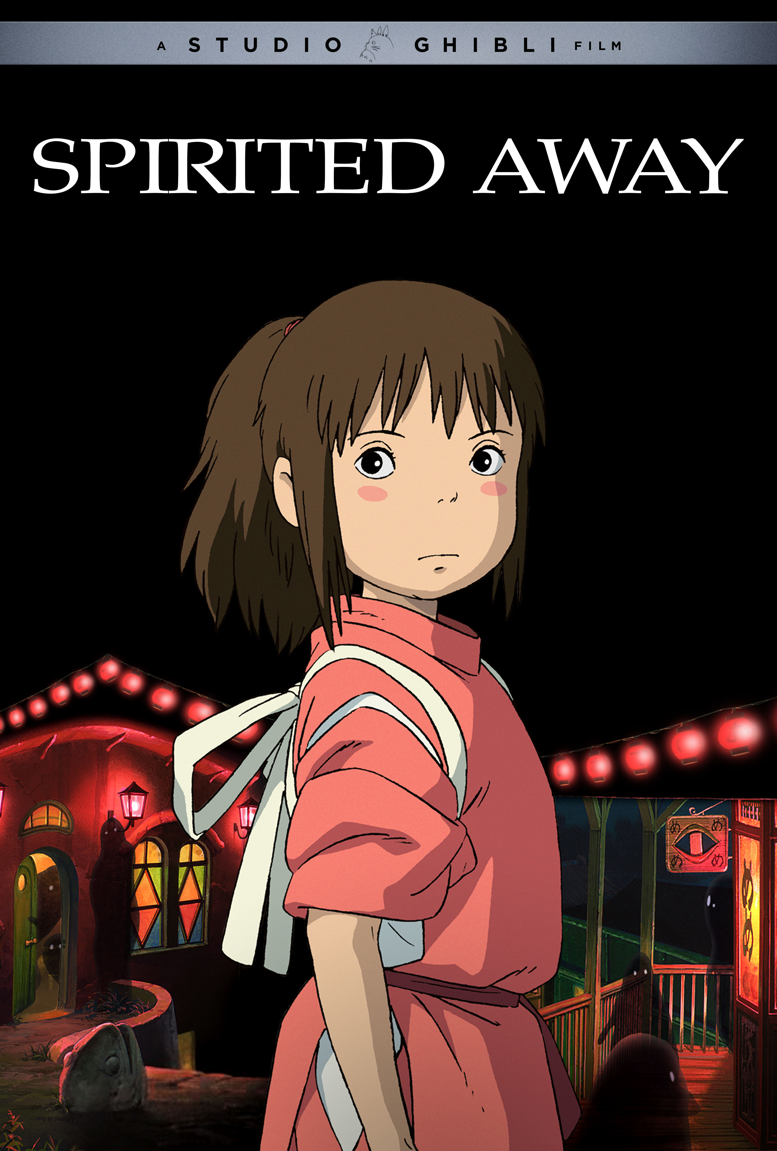 Áp phích sân khấu cho bộ phim hoạt hình chiếu rạp năm 2001 của GKIDS, Spirited Away, có nhân vật chính, một cô gái trẻ được biết đến với cái tên Sen, ăn mặc như một người phục vụ nhà tắm đang đứng trước một khu linh hồn ma quái.