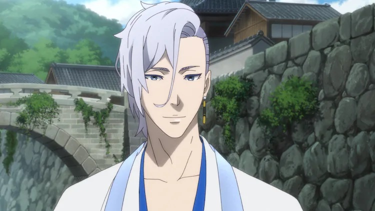 Ở ngoại ô của một ngôi làng thời Edo, một người đàn ông bí ẩn với mái tóc và đôi mắt màu hoa cà nói chuyện với một chiến binh bất hảo trong một cảnh của anime truyền hình gốc REVENGER sắp tới.