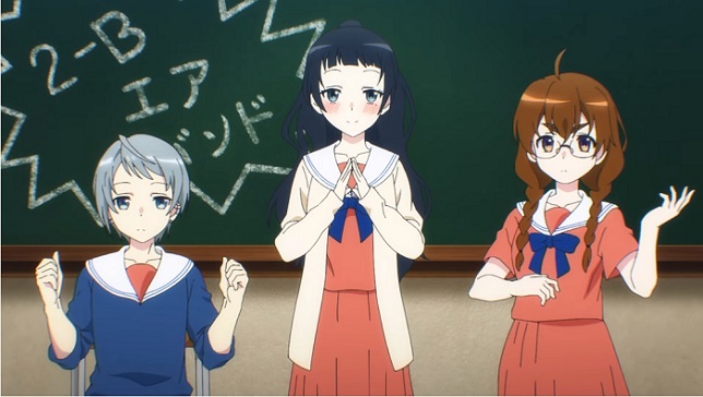 Tsubasa, Sekine và Chiyo chuẩn bị chơi "dụng cụ không khí" trong một cảnh trong hoạt hình mở đầu của anime truyền hình The Little Lies Well All Tell sắp ra mắt.